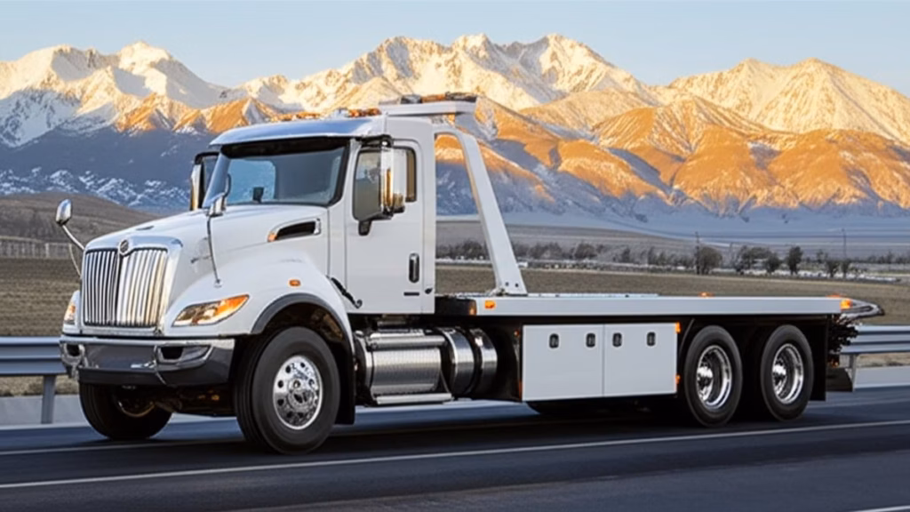 Professional flatbed tow truck on Utah highway with Wasatch Mountains
