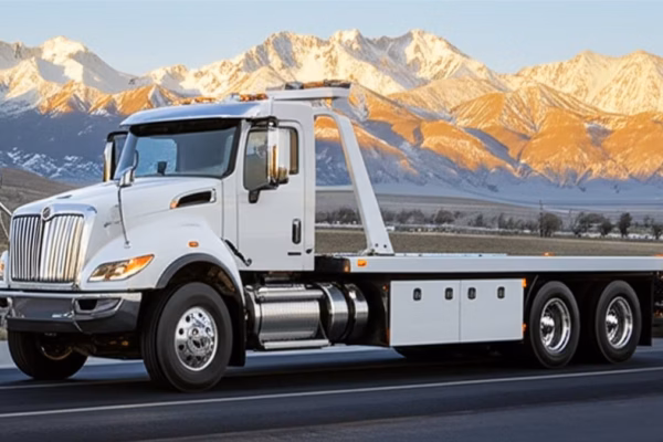 Professional flatbed tow truck on Utah highway with Wasatch Mountains