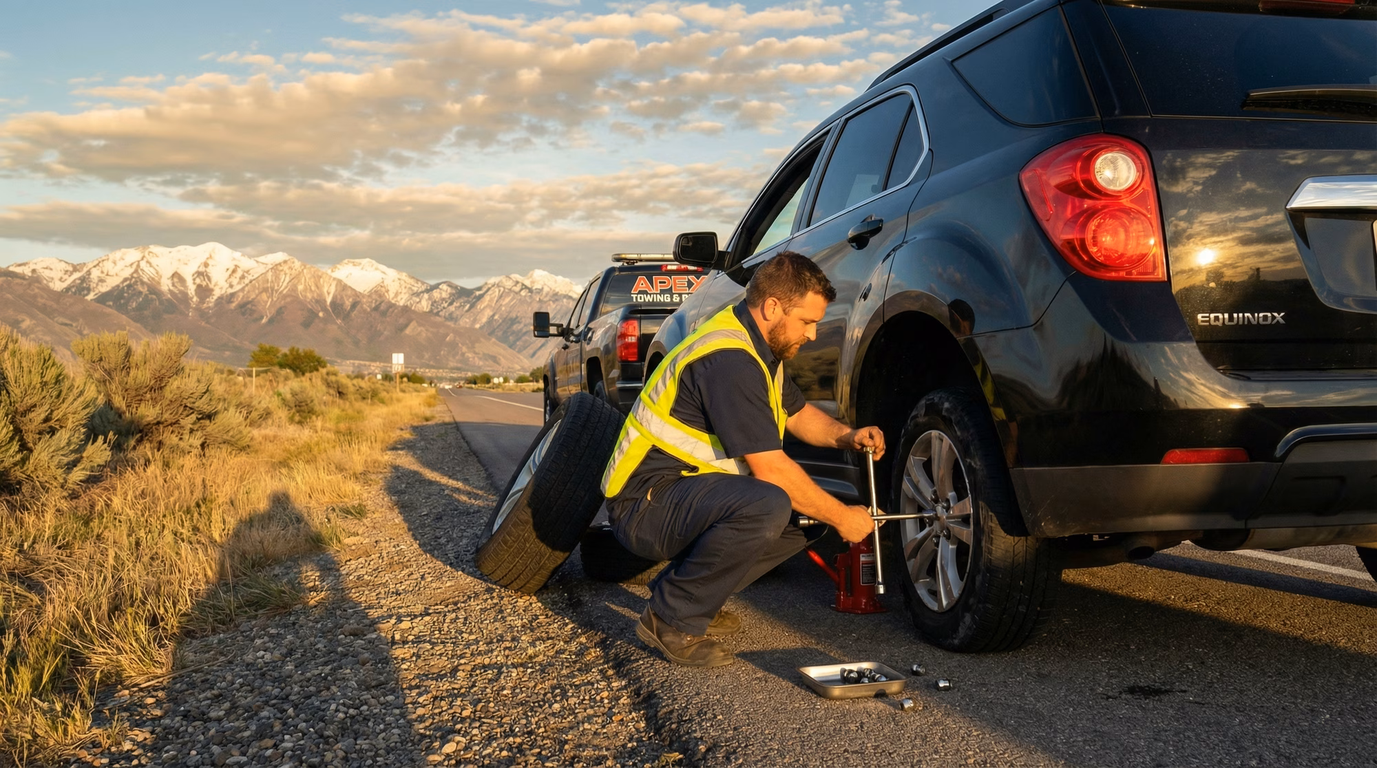 Flat tire change service on the road in Taylorsville Utah