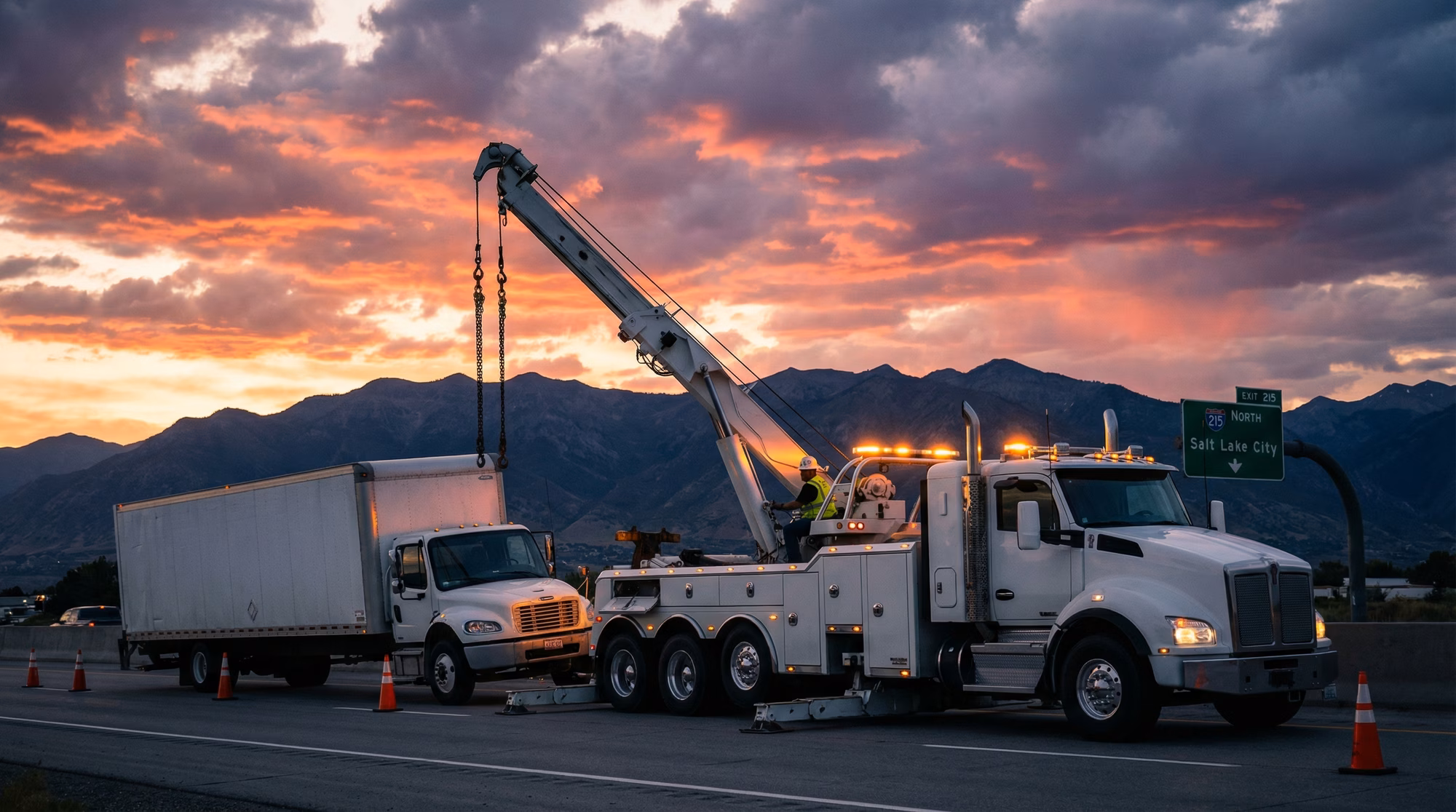 Heavy duty tow truck handling large vehicle in Taylorsville Utah