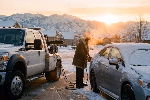 Tow truck driver using jumper cables on a snowy Utah driveway