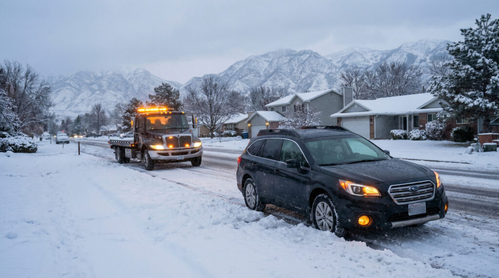 Tow truck responding to winter roadside emergency in Taylorsville Utah with Wasatch Mountains